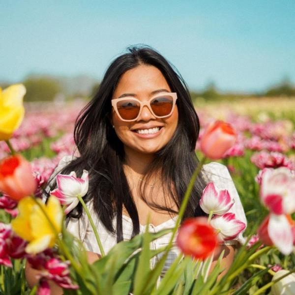 Woman in the tulip pick farm fields